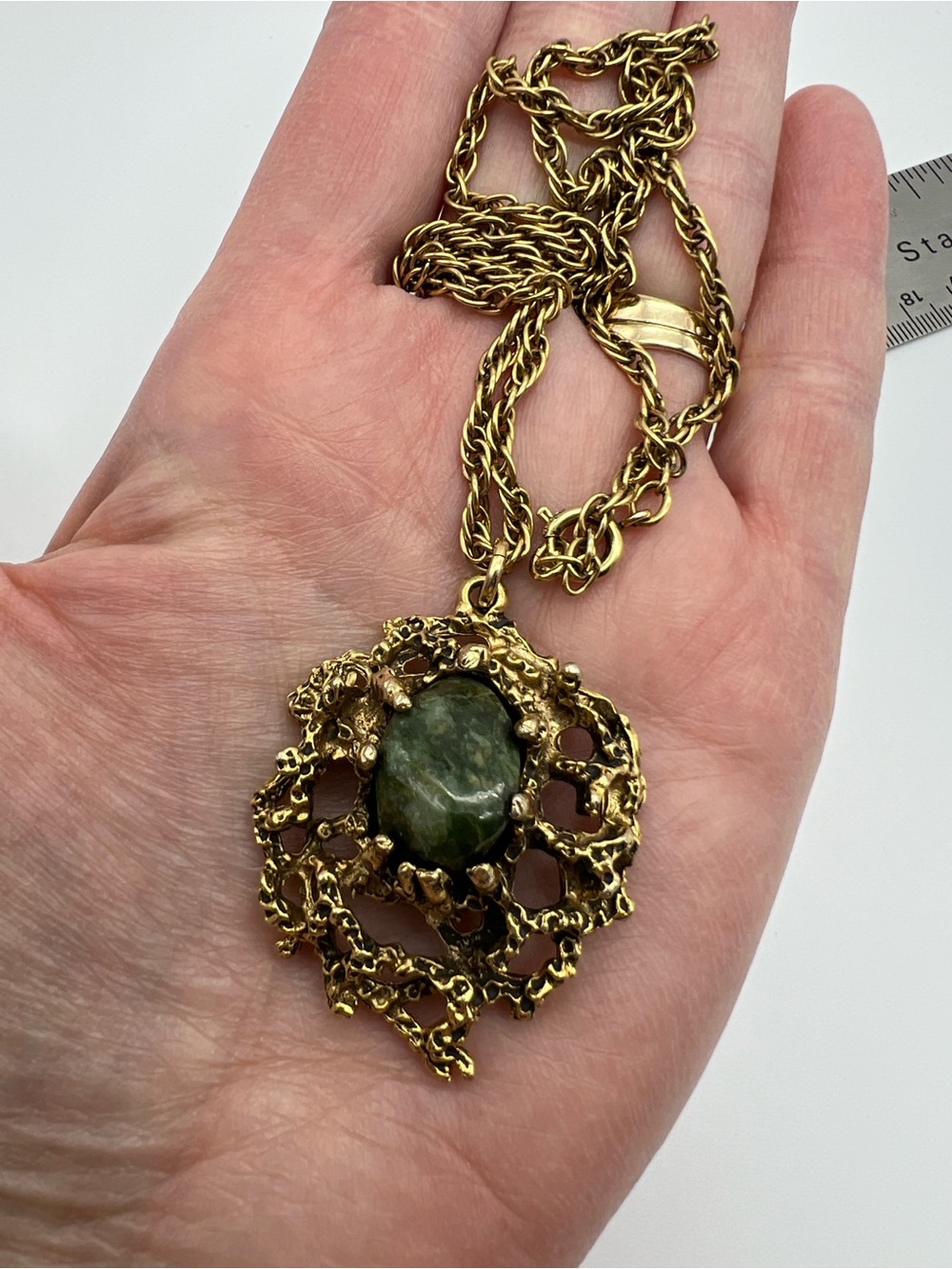VTG Brutalist Moss Agate Pendant • Gold Tone • Organic Statement - Picture 9 of 10